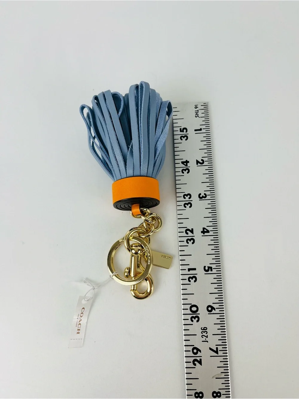 Coach Leather Tassel Bag Charm Keychain  F58505 Blue Orange Gold Hardware